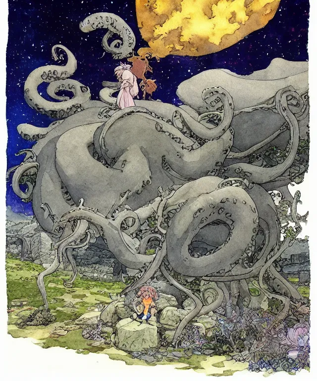 Image similar to a hyperrealist studio ghibli watercolor fantasy concept art. in the foreground is a giant grey octopus lifting and putting stones in to place on top of stonehenge with a starry sky. by rebecca guay, michael kaluta, charles vess