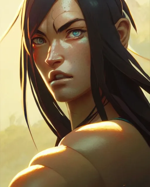 Image similar to azctec warrior, megan fox, detailed perfect face, exquisite details, fire magic, full view, by studio muti, greg rutkowski makoto shinkai takashi takeuchi studio ghibli