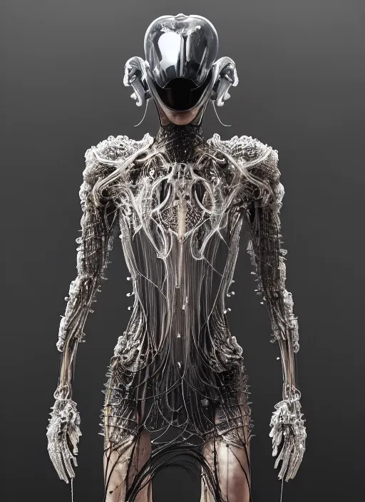Image similar to forest iris van herpen gothic inflateble dark dress, perfect symmetrical body, helmet on face, full body shot, inflateble shapes, wires, tubes, veins, jellyfish, white biomechanical details, wearing epic bionic cyborg implants, masterpiece, intricate, biopunk, vogue, highly detailed, artstation, concept art, cyberpunk, octane render