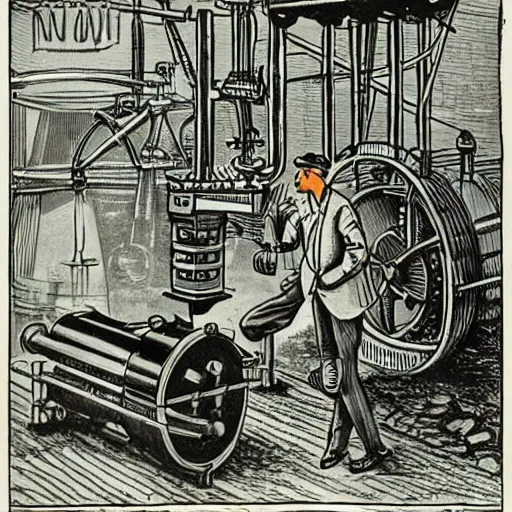 Image similar to industrialist working on a giant steam engine, cartoon