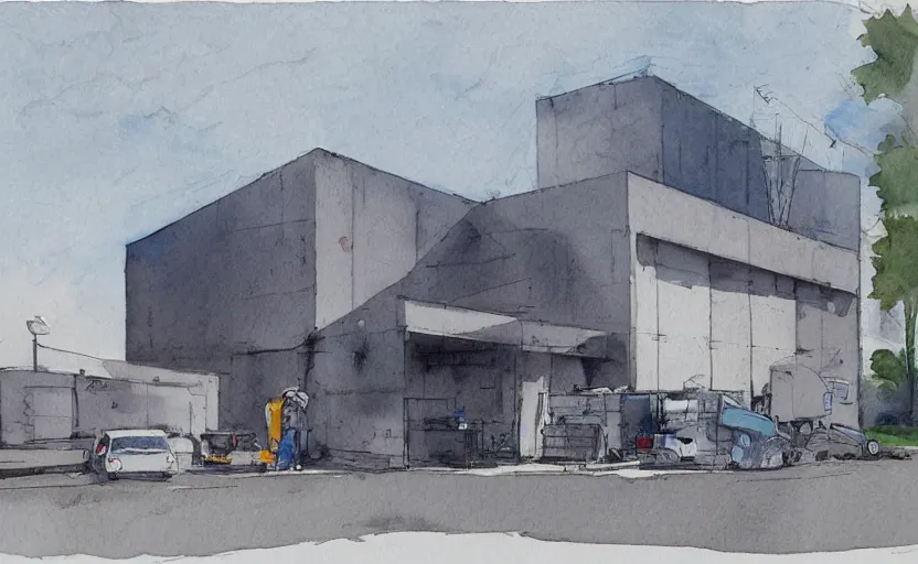 Image similar to concept art of a concrete factory exterior, pinterest, artstation trending, behance, watercolor, by coby whitmore, silver, laser light,