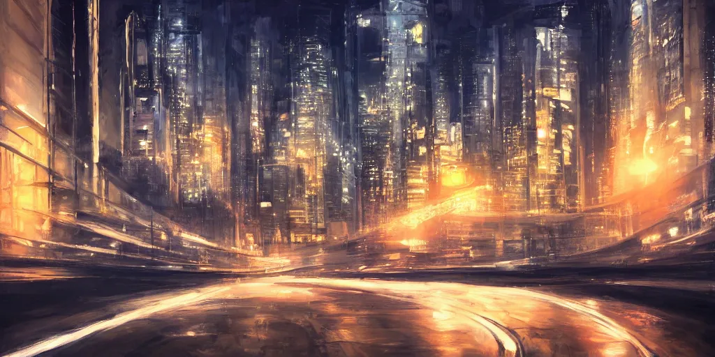 Image similar to a runabout in futuristic cityscape at night, soft lighting, realistic painting