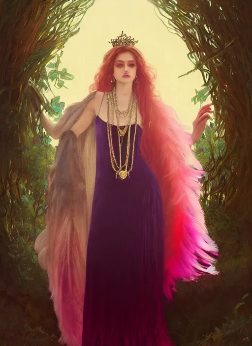 Prompt: ombre velvet gown, feathers, lovely queen, portrait, long hair, small crown, dozens of jeweled necklaces, feral languid woman, by greg rutkowski, anato finnstark, alphonse mucha, global illumination, radiant light