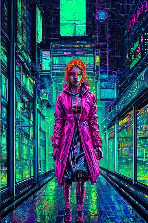 Image similar to dreamy cyberpunk girl, neon rain coat, detailed acrylic, intricate complexity, by dan mumford and by alberto giacometti, peter lindbergh