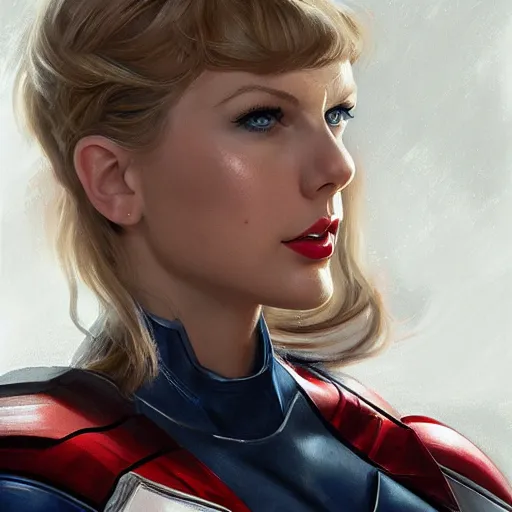 Image similar to Taylor Swift as Captain America, portrait, highly detailed, digital painting, artstation, concept art, sharp focus, illustration, cinematic lighting, art by artgerm and greg rutkowski and alphonse mucha