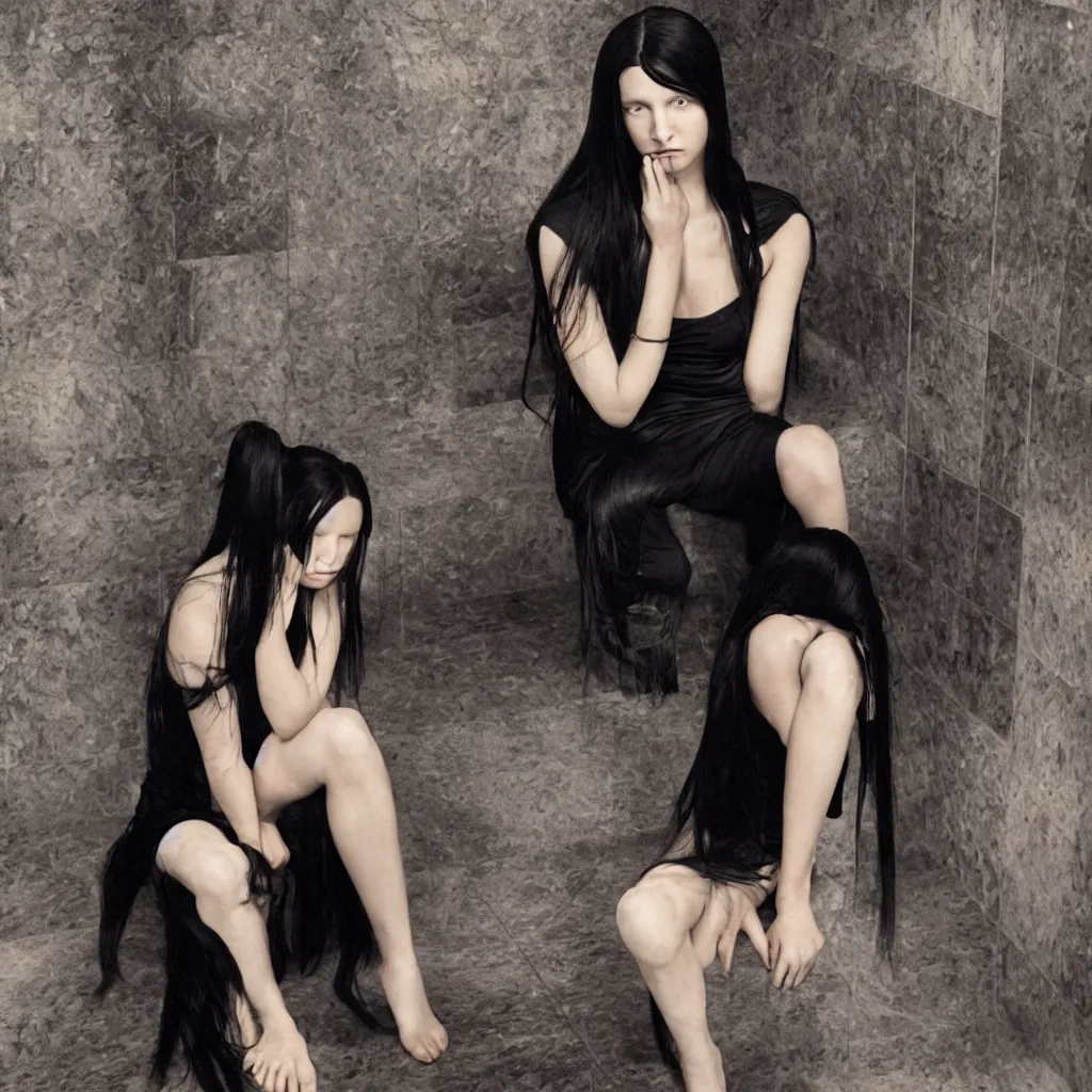 Image similar to photo of lonely young girl with straight long black hair wearing black dress and sitting on bathroom floor, photo made by mario testino and vanessa beecroft, render by artgem and alphonse mucha for capcom co, resident evil