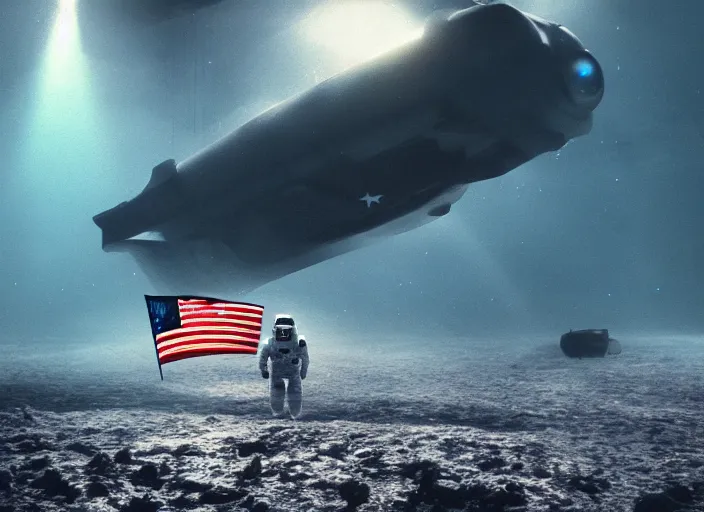 Image similar to astronaut holding a flag in an underwater desert. a submarine is visible in the distance. dark, concept art, cinematic, dramatic, atmospheric, 8 k, trending on artstation, blue, fish, low visibility, fog, ocean floor, christopher nolan, interstellar