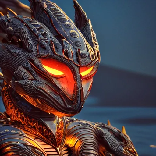 Image similar to a highly detailed close up of a beautiful majestic anthropomorphic robot female dragon, with smooth and streamlined mechanical armor, standing and posing elegantly on a beach, well detailed head with LED eyes, with sharp claws on her hands and feet, two arms, two legs, long tail, artstation, DeviantArt, professional, octane render, sunset lighting