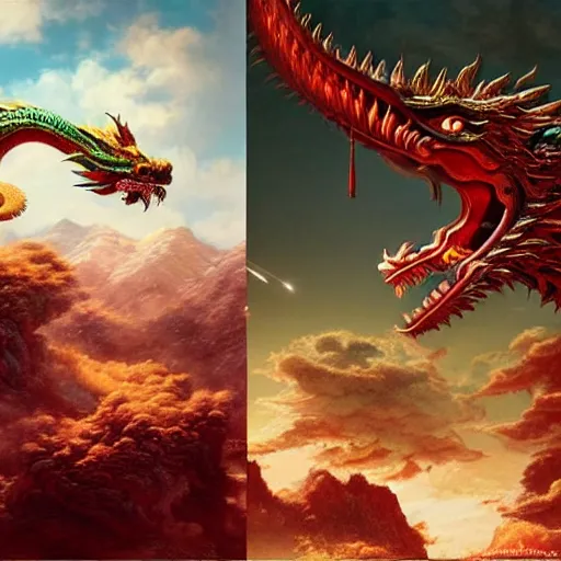 Image similar to Very highly detailed Chines dragon fighting versus Very Highly detailed Falkor in outerspace Realistic Digital Concept Art by Stephen Hickman and Beeple