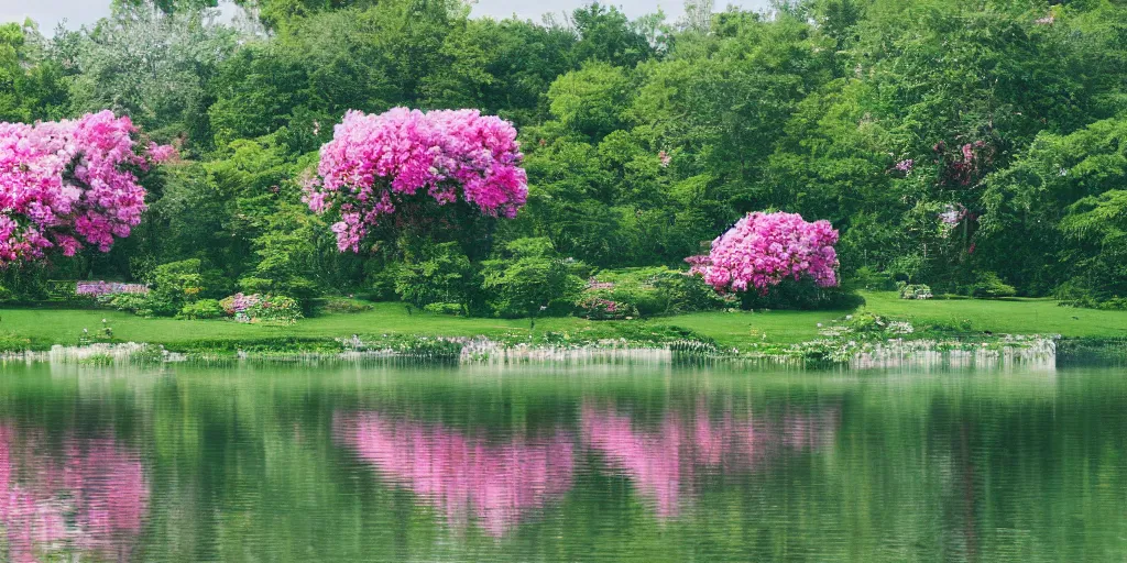 Image similar to summer manor with peony flowers and lake, bokeh