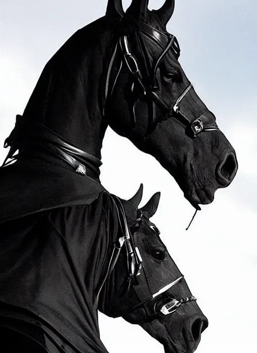 Image similar to A tall and evil shape, mounted upon a black horse… The rider was robed all in black, and black was his lofty helm metal helmet lotr