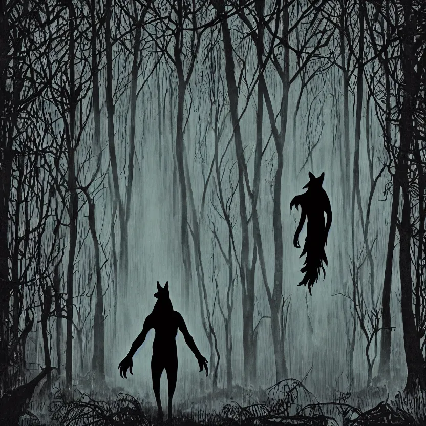 Image similar to werewolf silhouette with many eyes in a dark forest. pulp sci - fi horror art. dark background