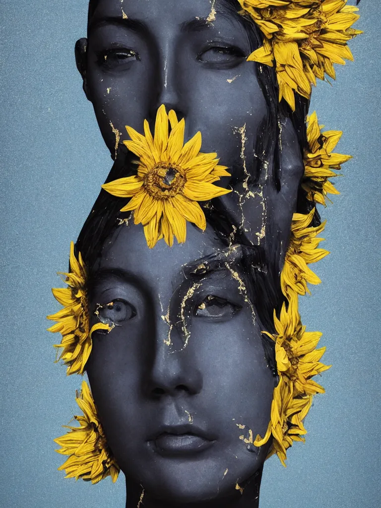 Prompt: symmetrical painting of a fractured dark obsidian greek statue of asian female beauty, yellow gemstones spikes, crystallic sunflowers, lightblue dripping acrylic paint and black tar, repaired with magenta kintsugi, rendered in octane trending on cgsociety. extremely detailed and intricate art, corruption, sleek