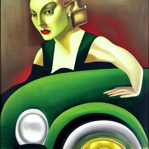 Prompt: portrait of an elegant woman in the 1 9 3 0 s driving a green car, by tamara de lempicka