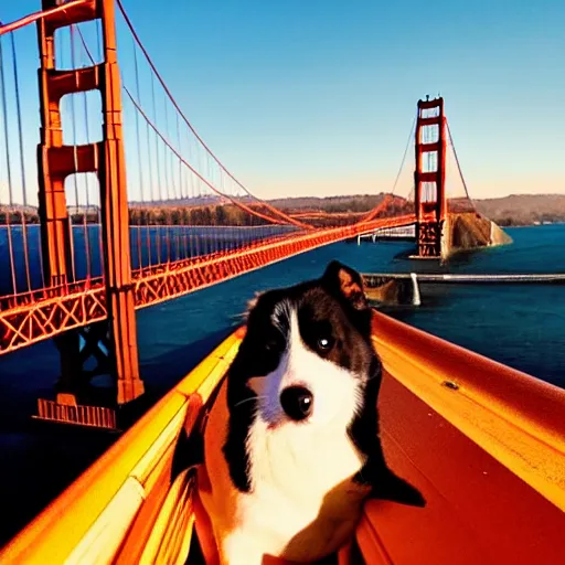 Prompt: insanely cute cuddling dog on golden gate bridge in pixar remake golden hour