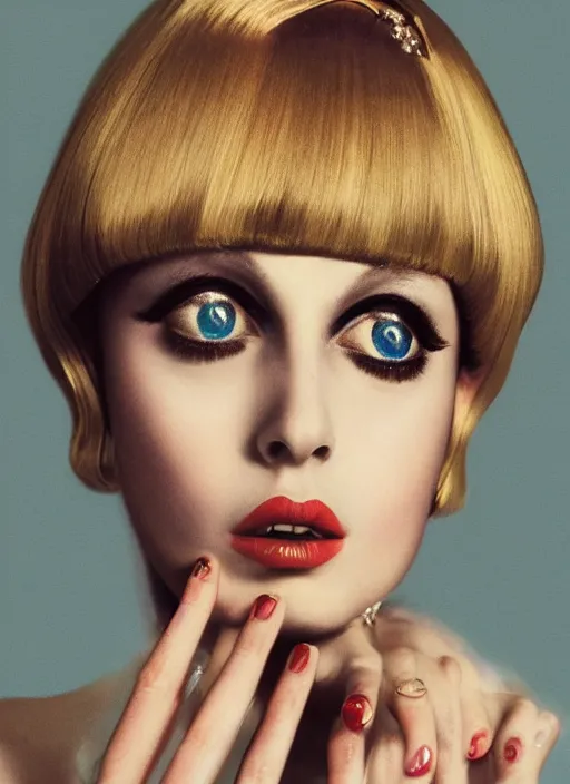 Prompt: italian vogue 6 0 s vintage cover portrait of a female model, twiggy, and strong eye make up by steven meisel, 8 k, octane render, ultra sharp hyper detailed digital art