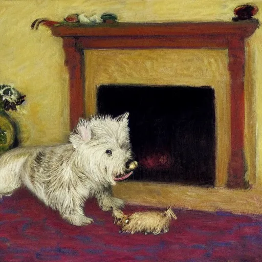 Prompt: a westie dog biting a stuffed hedgehog in a living room by monet