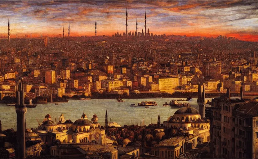 Image similar to skyline of istanbul at sunset, by edgar maxence and caravaggio and michael whelan and delacroix style, artistic, intricate drawing, cinematic lighting, hyper realistic, extremely detailed, establishing shot, 8 k resolution, dramatic lighting