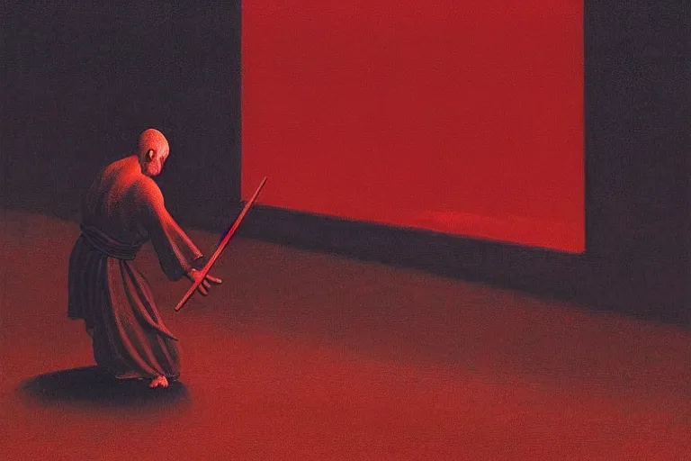 Image similar to only with red, a red samurai do seppuku, tokio, a lot of frogs watch, in the style of beksinski, parts by edward hopper, parts by rodcenko, parts by yue minjun, intricate and epic composition, red by caravaggio, insanely quality, highly detailed, masterpiece, red light, artstation, 4 k