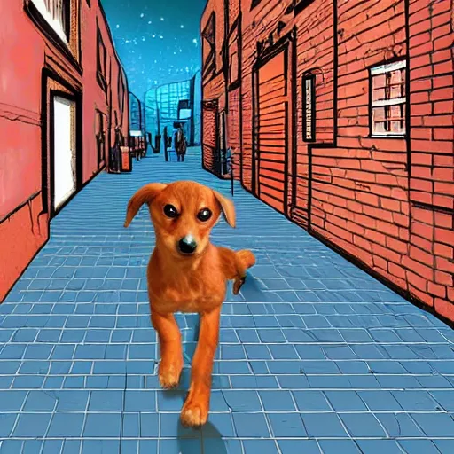 Image similar to isometric digital art, ultra realistic, puppy with a jetpack in a city alleyway, cinematic