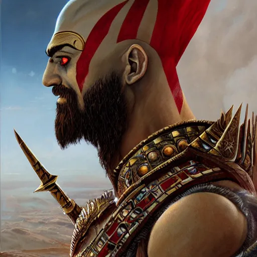 Prompt: kratos the god of war as an egyptian warrior, pharaoh, egypt, pyramids, by alex gray and android jones, karol bak, ayami kojima, amano, moebius, concept art, character design, fantasy, 3 d, 8 k resolution