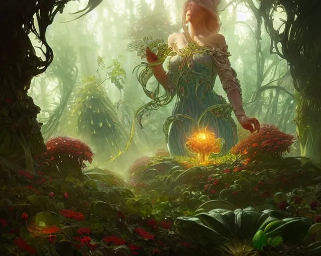 Image similar to drug acid trip forest garden giant vegetables, deep focus, d & d, fantasy, intricate, elegant, highly detailed, digital painting, artstation, concept art, matte, sharp focus, illustration, hearthstone, art by artgerm and greg rutkowski and alphonse mucha