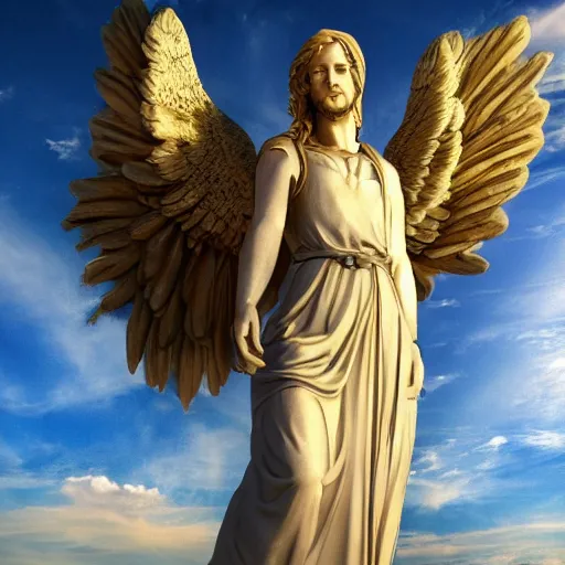 Image similar to gigantic biblical depiction of an angel towering over a vast landscape, cinematic, realistic, geometric white marble body, photorealistic, golden sky color, global illumination, volumetric lighting, god rays, beautiful composition, majestic clouds, soft colors, heavenly lighting