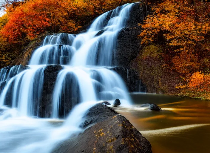 Prompt: photograph of a waterfall falling into a lake, autumn, landscape photography, sigma, award winning, soft lighting, 4 k, hd
