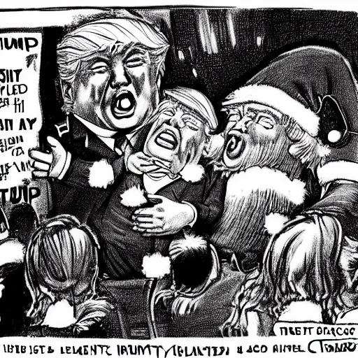 Image similar to trump as a drunk and disheveled mall santa claus screaming incoherent political lies at children, paparazzi photo, highly detailed, high definition, ultra realistic