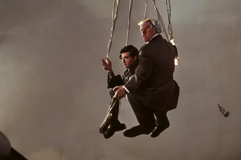 Image similar to movie still of donald trump in mission impossible hanging cable drop, photograph, tv show, cinematic