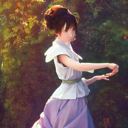 Image similar to a young woman in maid uniform by Stanley Artgerm Lau, WLOP, Rossdraws, Guweiz, Marc Simonetti, Studio Ghibli, krenz cushart, pixiv, background by James Jean and gustav klimt and John Marshall Gamble, 4k, volumetric lighting, french nouveau, trending on artstation, octane render, hyperrealistic