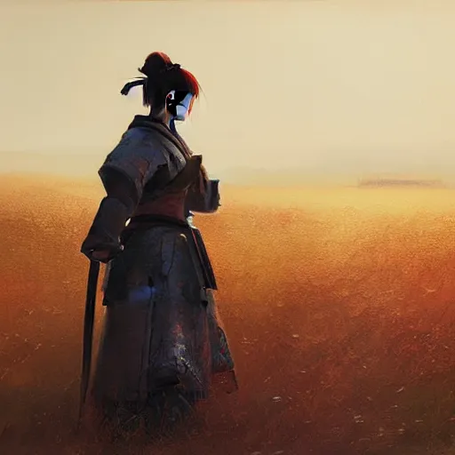 Image similar to female samurai standing in a field in the style of Ruan Jia, golden hour