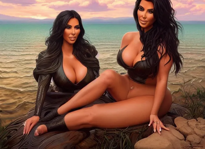 Image similar to candid photo of kim kardashian wearing a hooters outfit, sat by a lake, fantasy, intricate, elegant, highly detailed, digital painting, artstation, concept art, smooth, sharp focus, illustration, art by artgerm and greg rutkowski and alphonse mucha