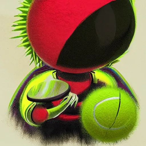 Image similar to a tennis ball monster, tennis ball, dark, chalky, monk, digital art, fantasy, magic, trending on artstation, ultra detailed, professional illustration by Basil Gogos