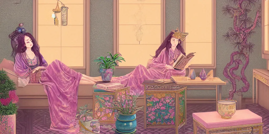 Image similar to a pastel drawing of a woman wizard, ornate clothing, lounging on a purpur pillow on the marbled checkered floor in her study room reading an ancient tome. to the side is a potted plant, moody candlelit raytracing. ancient oriental scifi fantasy setting. 4 k key art. by chie yoshii