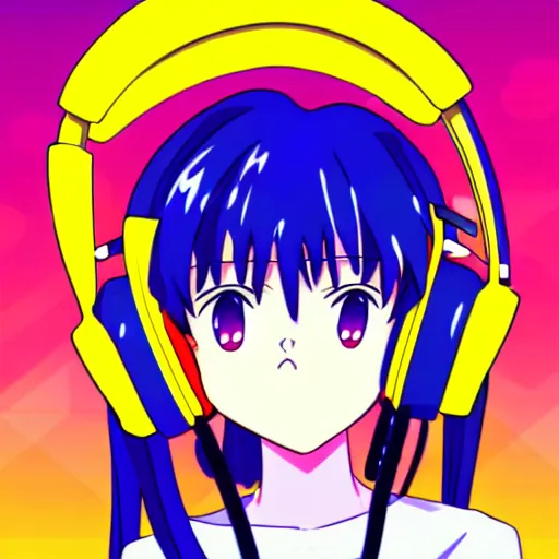 Prompt: An anime character's head wearing retro headphones. 90s anime, Sailor Moon, Neon Genesis, official art, flat cell shading, fantastic screenshot art, trending on artstation, muted nostalgic colors