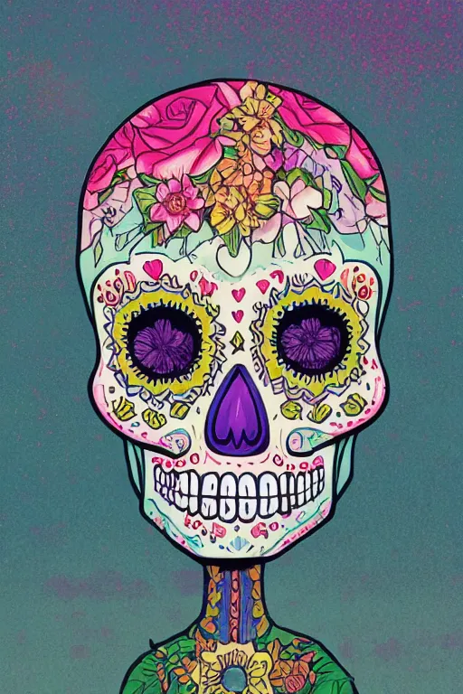 Prompt: Illustration of a sugar skull day of the dead girl, art by simon stalenhag