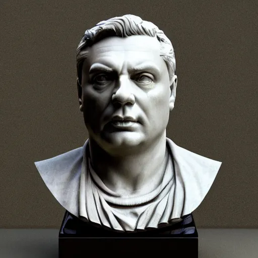 Prompt: classic roman marble bust of hungarian prime minister viktor orban, highly detailed face, museum photoshot, 3 d photorealistic render, high resolution, 8 k