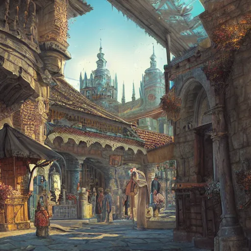 Image similar to a medieval city with temple, market, palace, tavern, beautiful, detailed, temple, market, palace, tavern, concept art illustration, color page, tone mapping, akihiko yoshida, james jean, andrei riabovitchev, marc simonetti, digital illustration, greg rutowski, volumetric lighting, sunbeams, particles