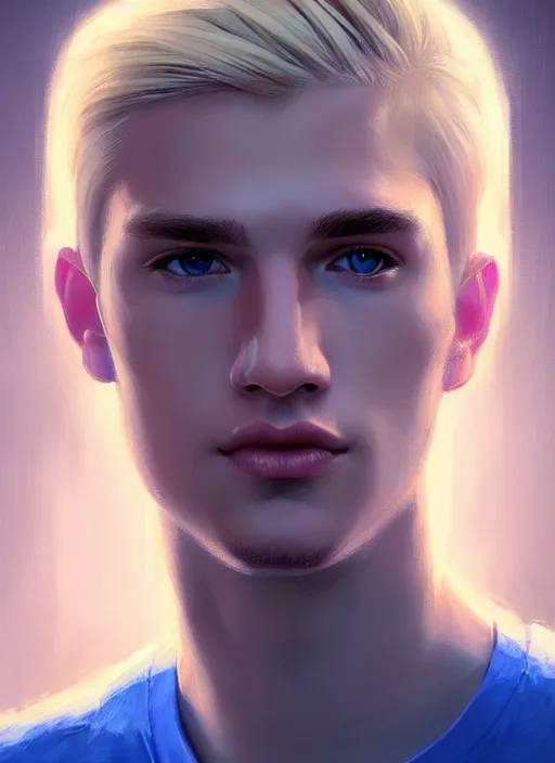Image similar to portrait of young kevin keller with blonde hair, blonde hair, blue eyes, defined jawline, intricate, elegant, glowing lights, highly detailed, digital painting, artstation, concept art, smooth, sharp focus, illustration, art by wlop, mars ravelo and greg rutkowski