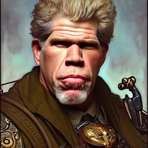 Image similar to full portrait of ron perlman as forrest gimp, fantasy, d & d, intricate, detailed, by by alphonse mucha, adolfo hohenstein, alice russell glenny, stanley artgerm lau, greg rutkowski, detailed, trending on artstation, trending on artstation, smooth