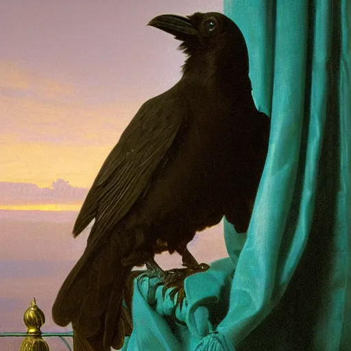 Prompt: a beautifully photoreal clear detailed victorian portrait of a close up raven on a victorian sill with an ornate velvet teal curtain at beautiful sunset daytime nature sunlit painting by frederic leighton and turner and rosetti, 8 k, octane render