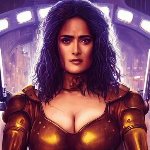 Image similar to salma hayek in a cyberpunk city bar wearing impractical female armour, perfect proportions, beautiful face, perfect eyes, real life colors, elegant, sharp focus, hyper - realistic, 4 k, highly detailed, hd, dramatic lighting by brom