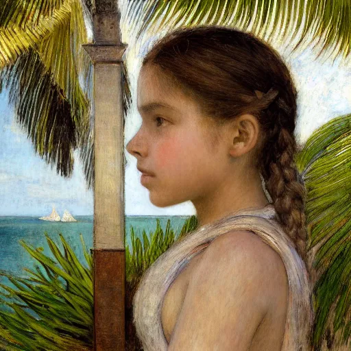 Image similar to a ultradetailed beautiful painting of a girl in the amazonas palace balustrade designed by jules bastien - lepage, tarsila do amaral, frank weston and gustave baumann, beach, trending on artstation, mediterranean, palm trees, hyper detailed face, sharp focus, soft light, 8 k 4 k