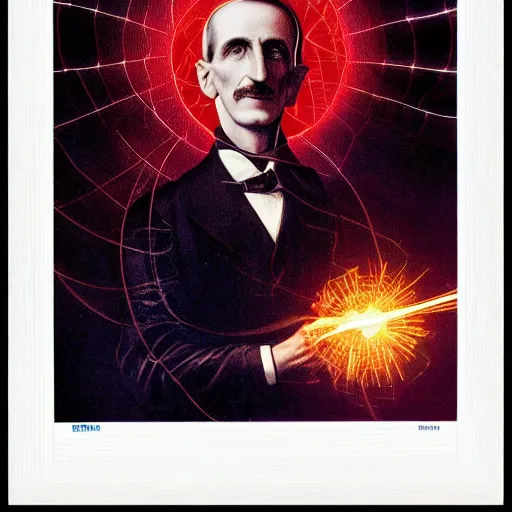Prompt: topps rookie card featuring a photorealistic image of nikola tesla under a tesla coil emitting with bright electric arcs, framed by beautifully typed calculus equations, wide shot, Nikon D810, ƒ/2.5, focal length: 85.0 mm, exposure time: 1/800, ISO: 200