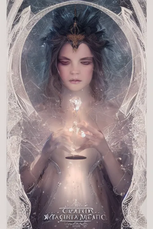 Image similar to Atmospheric detailed photography of a beautiful magician , wearing crystal fractal tiara, Symmetrical composition, fantasy long intricate gown, sharp focus, octane render, high quality, 8k, volumetric lighting, color grading, by Tom Bagshaw and James Jean and Artgerm