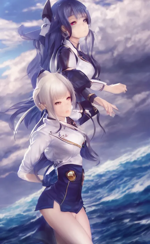 Image similar to highly detailed, character art, octane, stunning, realistic lightning, realistic ocean, characters from azur lane, matte, sharp focus, intricate, 150mm, illustration, artstation, professional drawing, by tatsuki fujimoto, realistic anatomy, smooth, female sailor uniforms, explosions, single girl in the scene