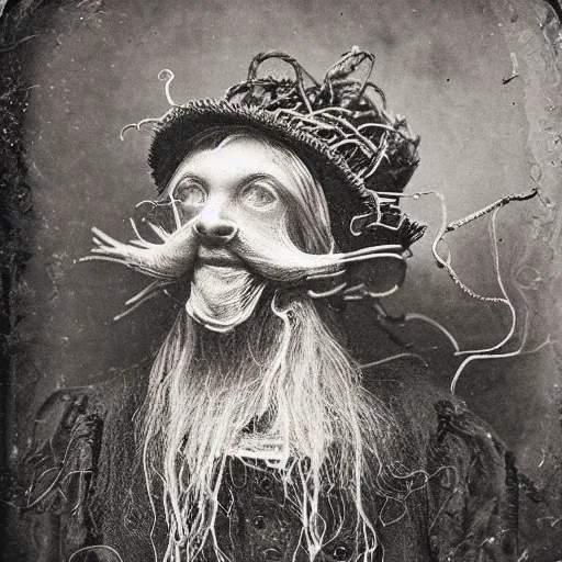 Prompt: the flying spaghetti monster. daguerreotype portrait photograph. inspired by gerard grom and ansel adams. beautiful. cute. happy. highly detailed. old timey.