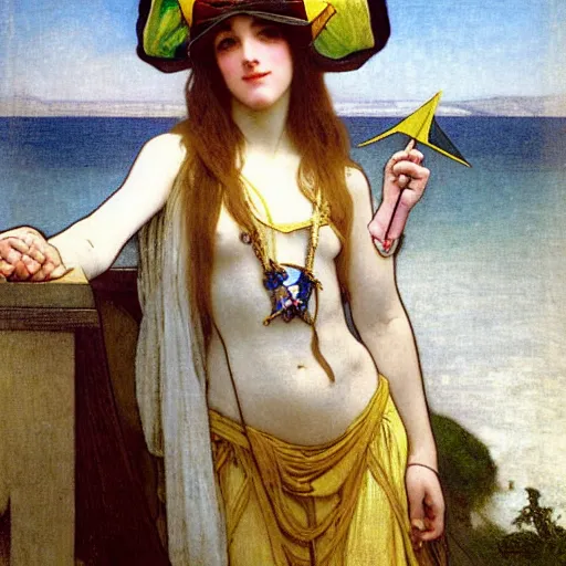 Image similar to A girl with jester hat and clothes on the front of a Balustrade with a beach and a sail boat on the background, major arcana cards, by paul delaroche, alphonse mucha and arnold böcklin arnold böcklin hyperrealistic 8k, very detailed