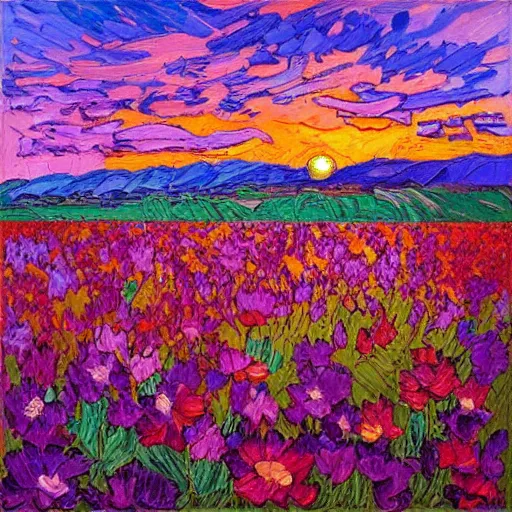 Image similar to a painting of a sunset over a field of flowers, an oil painting by erin hanson, deviantart, american impressionism, rich color palette, impressionism, fauvism